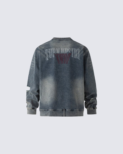Vintage Washed Denim Bomber Jacket
