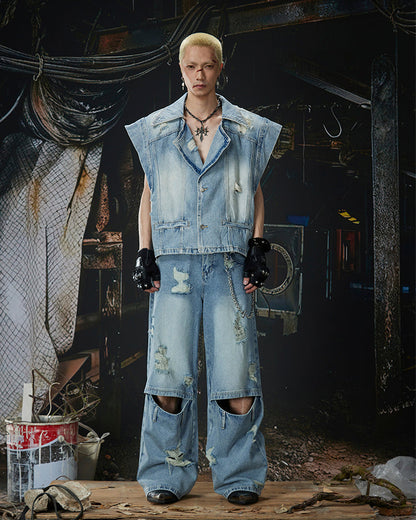 Distressed Washed Denim Vest Jacket