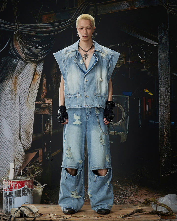 Distressed Washed Denim Vest Jacket
