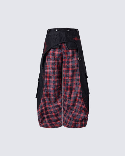 New Layered Plaid Cargo Wide-Leg Pants