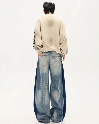 Spring Contrast Panel Wide-Leg Denim Jeans
