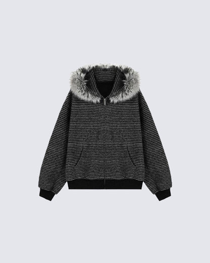 Striped Hoodie Jacket with Fur Trim