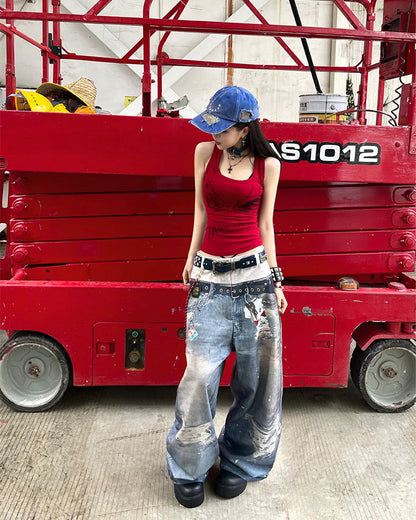 American 3D Digital Print Double Waistband Jeans