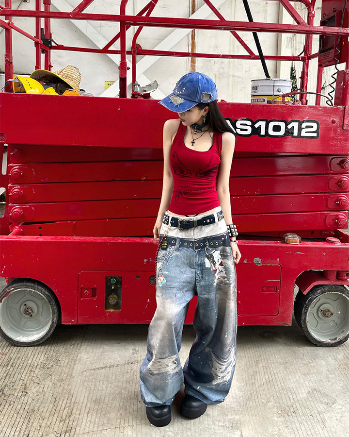 American 3D Digital Print Double Waistband Jeans