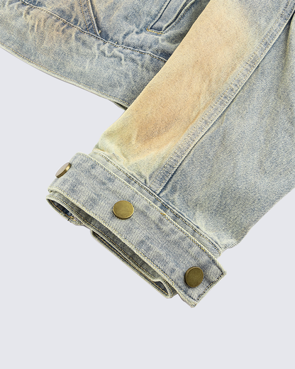 Vintage Wash Denim Jacket with Zipper Pockets