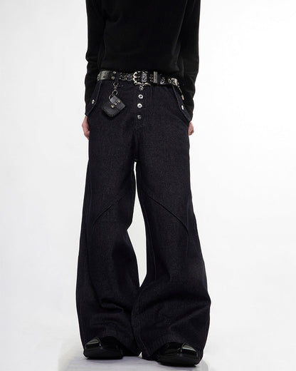 Dark Indigo Button Front Wide Denim Pants