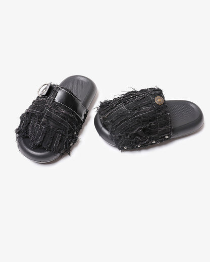 New Black Frayed Denim Platform Slides
