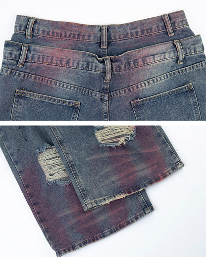 New Double Waist Spray Distressed Jeans