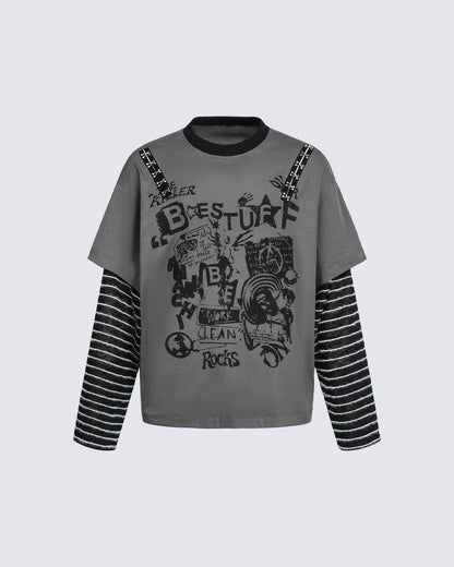 Gray-Black Distressed Graffiti Layered Sweatshirts