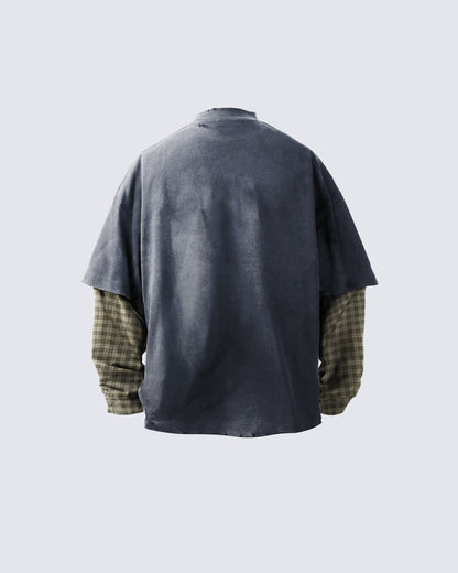 Mock Two-piece Retro Letter Printed Long Sleeve T-shirt