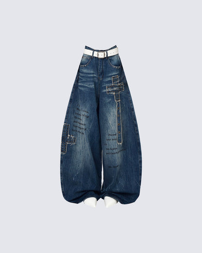 European-American Retro Studded Wide Jeans