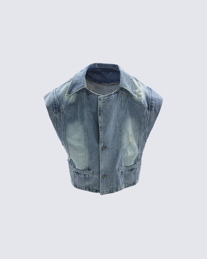 Distressed Washed Denim Vest Jacket