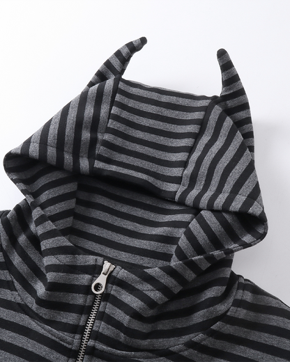 Devil-Horn Striped Hooded Jacket