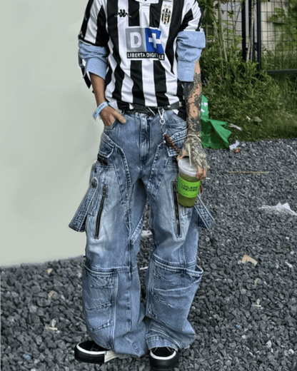 Multi-Zip Techwear Cargo Denim Pants