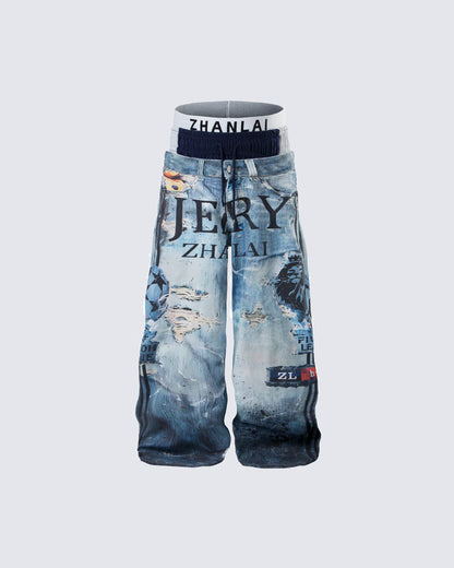 New Triple Waistband 3D Print Street Wide Pants