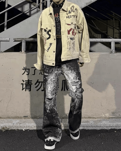 Grunge Snake Print Stacked Washed Jeans