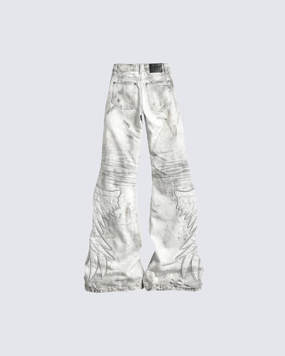 Angel Wing Print Distressed Wide-Legged Jeans