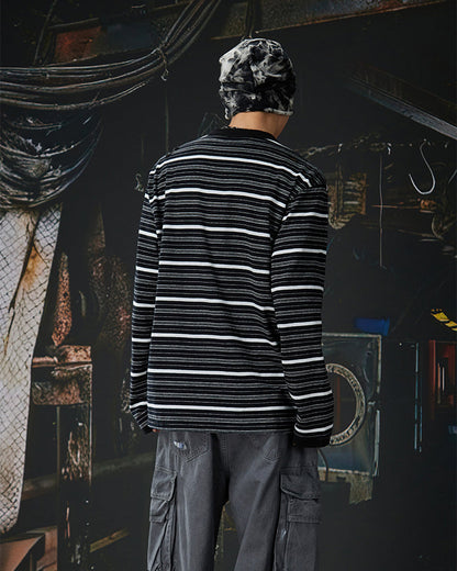 Vintage Contrast Stripe Button Long Sleeve T-Shirt