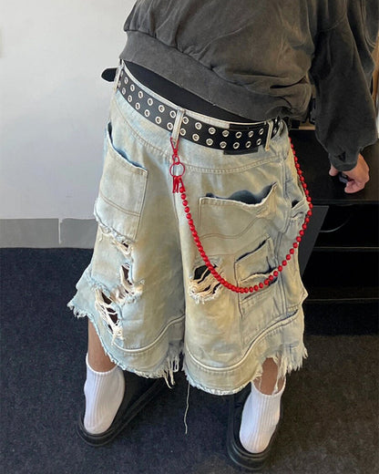 Layered Distressed Raw Hem Denim Shorts