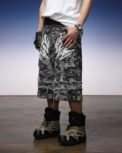 Camo Print Distressed Cargo Shorts
