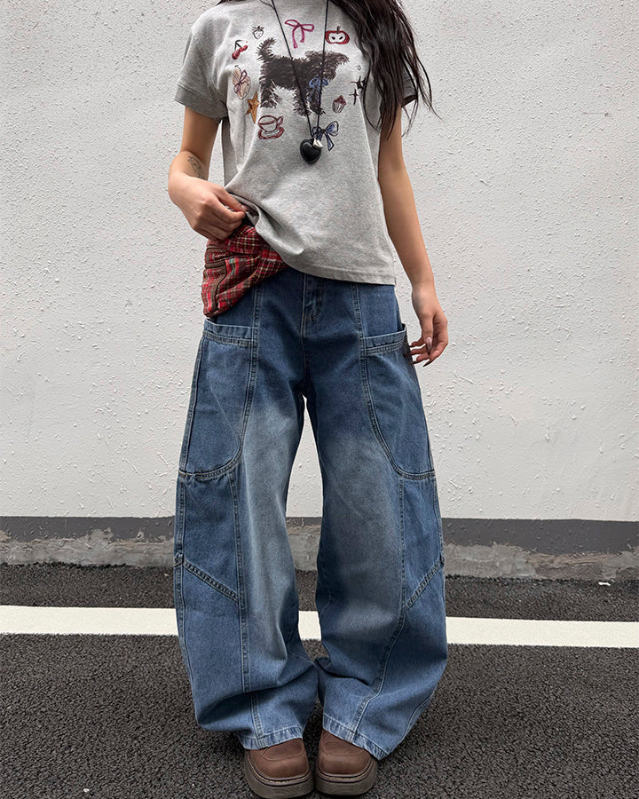 Washed Panel Design Loose Fit Denim Pants