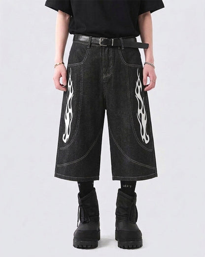 Flame Panel Seven-Length Denim Shorts