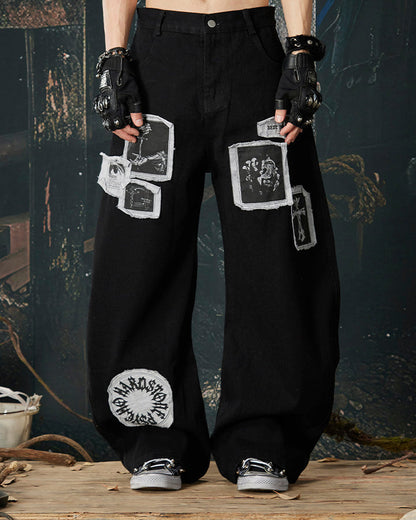 Graphic Patch Wide Leg Denim Pants