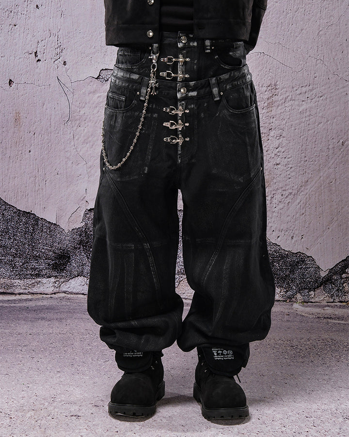 Double Waist Silver Wash Baggy Street Pants