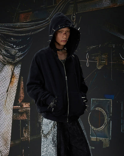 Spike Decor Zip-Up Hooded Sweatshirt