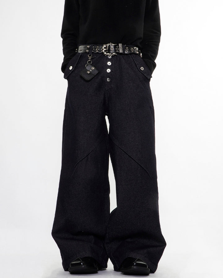 Dark Indigo Button Front Wide Denim Pants