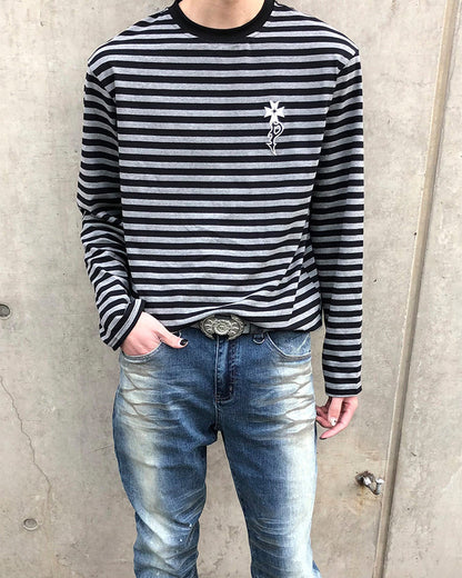 Subculture Cross Embroidered Striped Long Sleeve