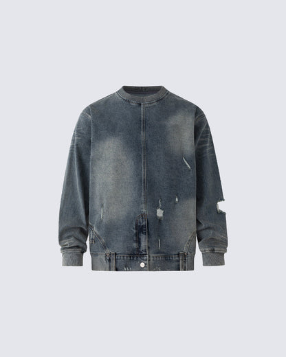 Vintage Washed Denim Bomber Jacket
