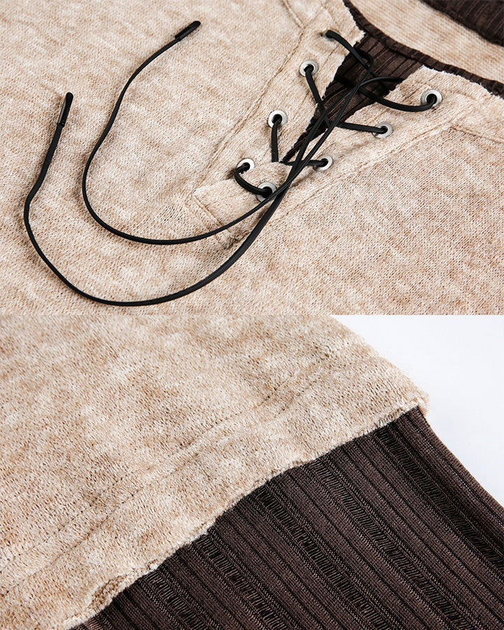 Lace-Up Neck Layered Knit T-Shirt