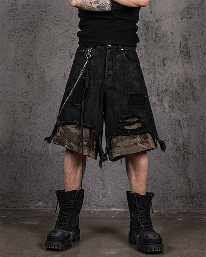 Distressed Bleached Patchwork Denim Shorts