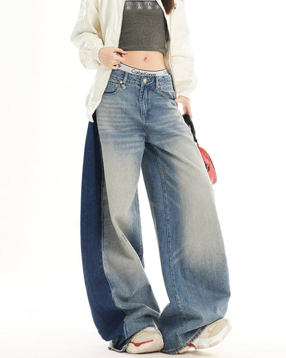 Spring Contrast Panel Wide-Leg Denim Jeans