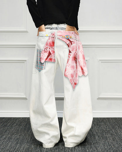 Patchwork Scarf Detail Wide Leg Pants