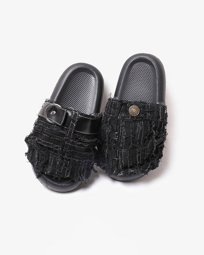 New Black Frayed Denim Platform Slides