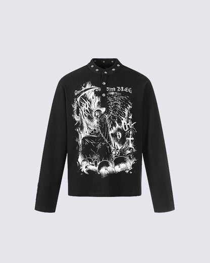 Gothic Graphic Studded Collar Long Sleeve Tee