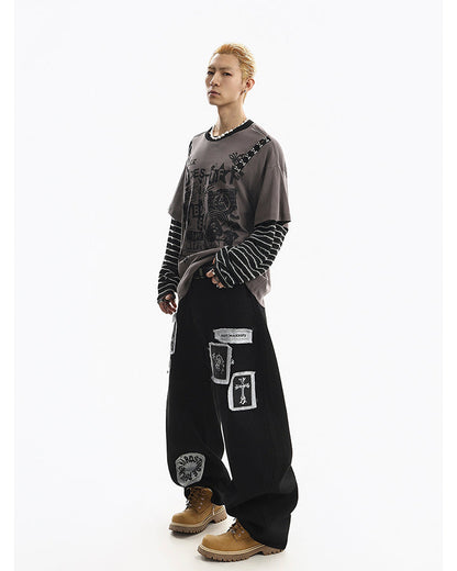 Gray-Black Distressed Graffiti Layered Sweatshirts