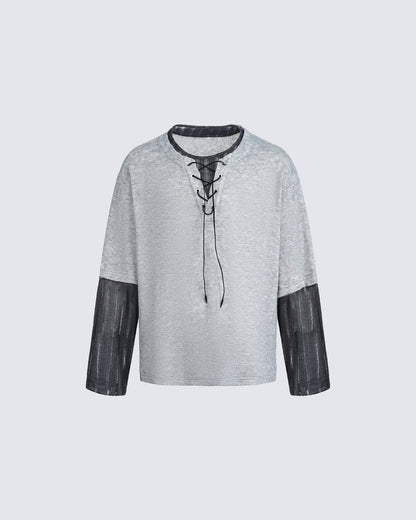 Lace-Up Neck Layered Knit T-Shirt