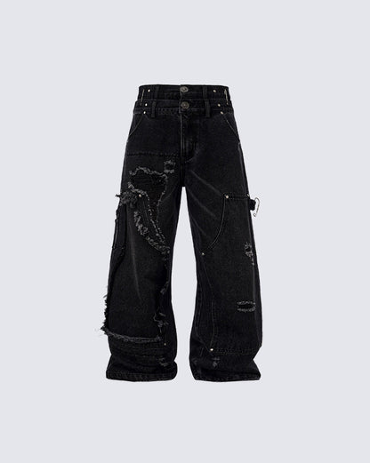 Double-Waist Heavy Patchwork Denim Pants