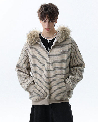 Striped Hoodie Jacket with Fur Trim