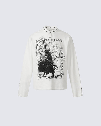 Gothic Graphic Studded Collar Long Sleeve Tee