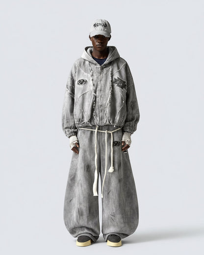 Distressed Dirty Curved-Cut Drawstring Sweatpants