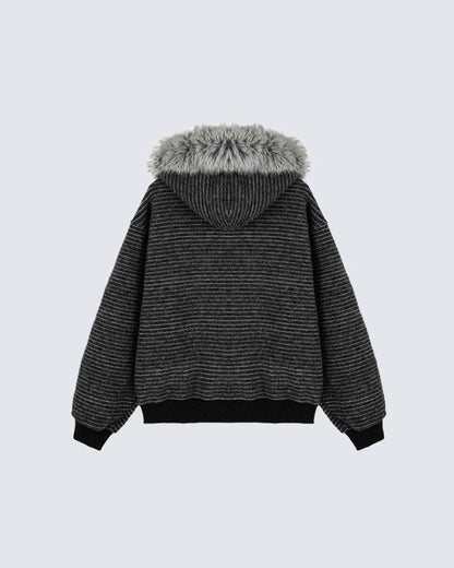 Striped Hoodie Jacket with Fur Trim