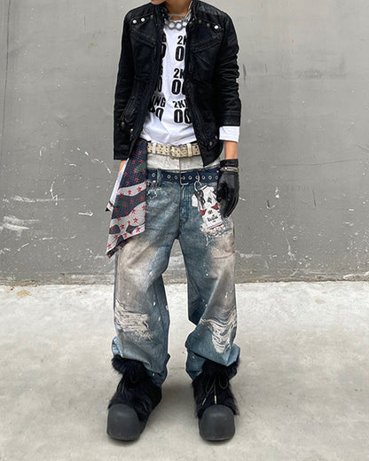 American 3D Digital Print Double Waistband Jeans