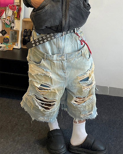 Layered Distressed Raw Hem Denim Shorts