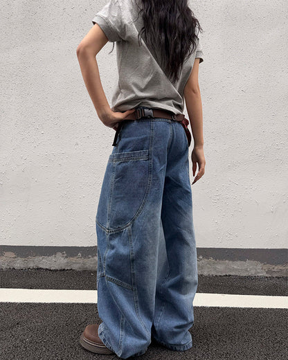 Washed Panel Design Loose Fit Denim Pants