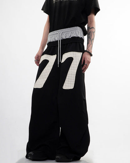 Double Waistband Number Patch Wide Leg Sweatpants