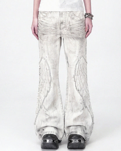 Angel Wing Print Distressed Wide-Legged Jeans